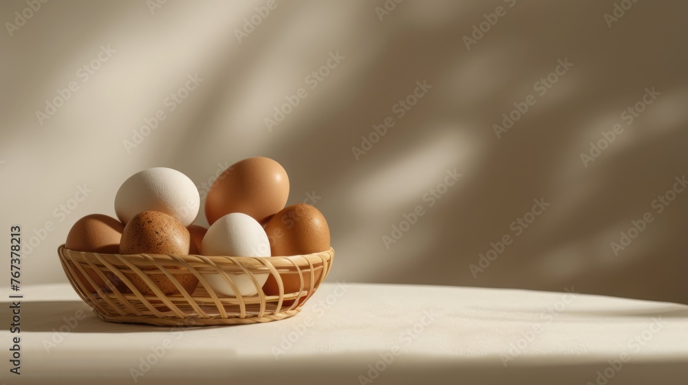 Basket with eggs on a table, background with free place for text. Healthy fresh farm product Basket with eggs on a table, background with free place for text. Healthy fresh farm product
