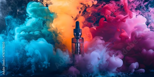 Colorful vape club with various flavors emitting large clouds of fragrant smoke showcasing the alternative to cigarettes. Concept Colorful Vape Club, Various Flavors, Large Clouds, Fragrant Smoke