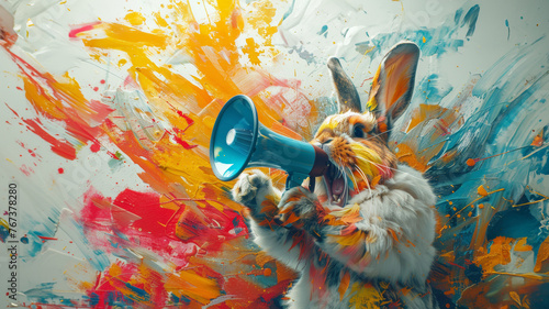 Cute Happy Easter Bunny with megaphone. This colorful art collage ideal for holiday ad campaigns and marketing promotions.