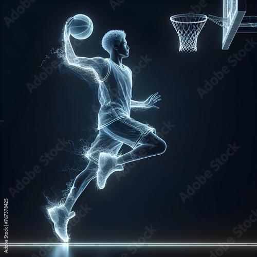 A basketball player is captured in mid-air about to make a slam dunk, rendered in dynamic blue light lines against a dark background