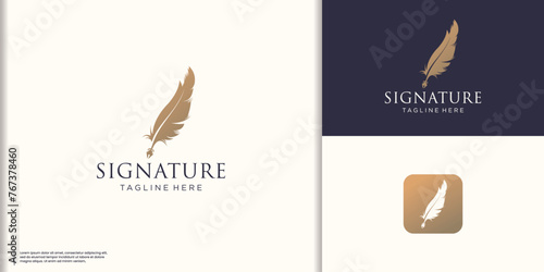 minimalist quill pen signature logo design and icon with ink linear premium gold color