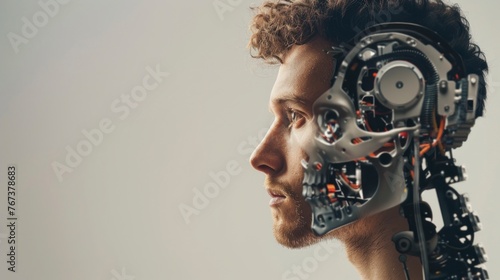 man with robot interior in profile on white background in high resolution and quality photo