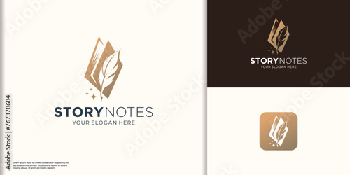 story note logo . feather signature illustration logo, book and feather, gradient logo template.