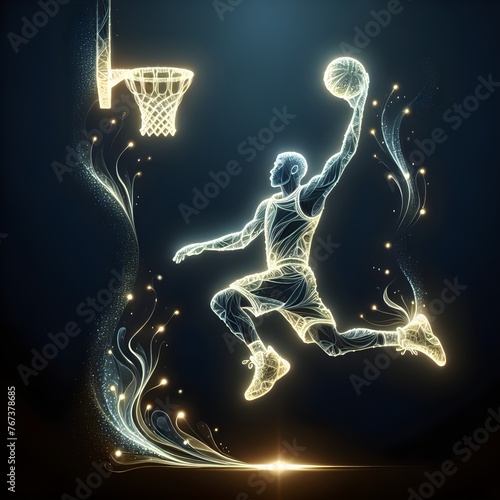 A basketball player is captured in a dynamic pose, appearing to leap toward the basket for a slam dunk, outlined by a glowing, neon light effect against a dark background 