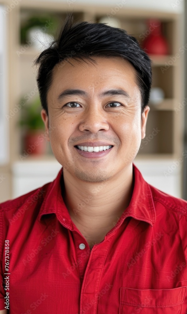 A smiling man in a red shirt A smiling man in a red shirt