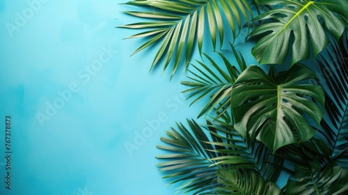 Summer Vibes  Palm Leaves on Pastel Blue Background - Flat Lay Top View with Copy Space - Seasonal Composition