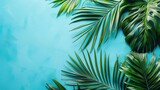 Summer Vibes: Palm Leaves on Pastel Blue Background - Flat Lay Top View with Copy Space - Seasonal Composition