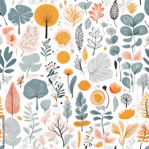 A collection of seamless pattern, colorful abstract plants and flowers. Hand drawn Collection of leaves and flowers. A close up of a pattern of flowers and leaves. 