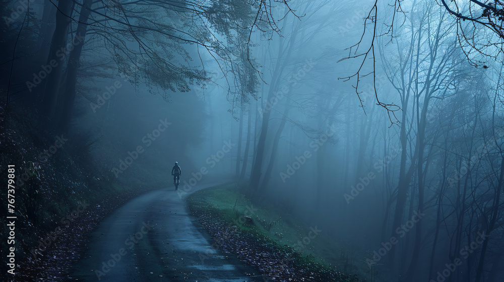 A serene solo ride through a misty mountain forest at dawn. - obrazy, fototapety, plakaty 