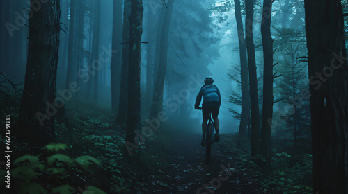 A serene solo ride through a misty mountain forest at dawn.