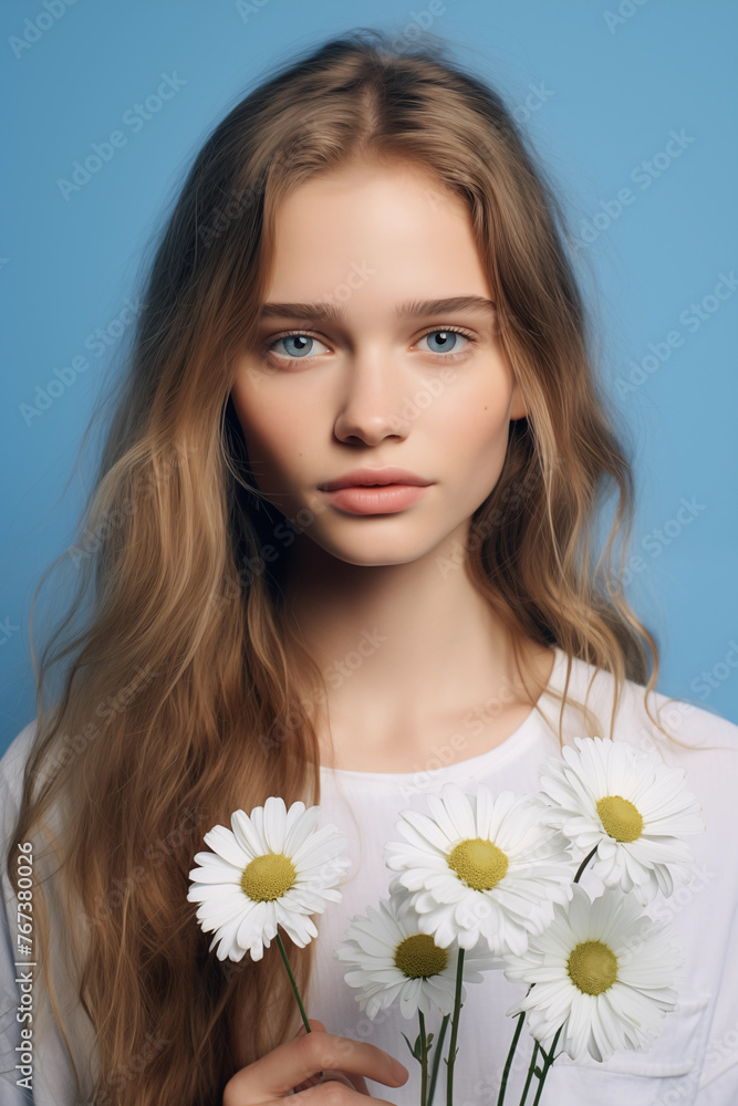 Natural Beauty: Young Woman with Daisies Against a Blue Background Natural Beauty: Young Woman with Daisies Against a Blue Background