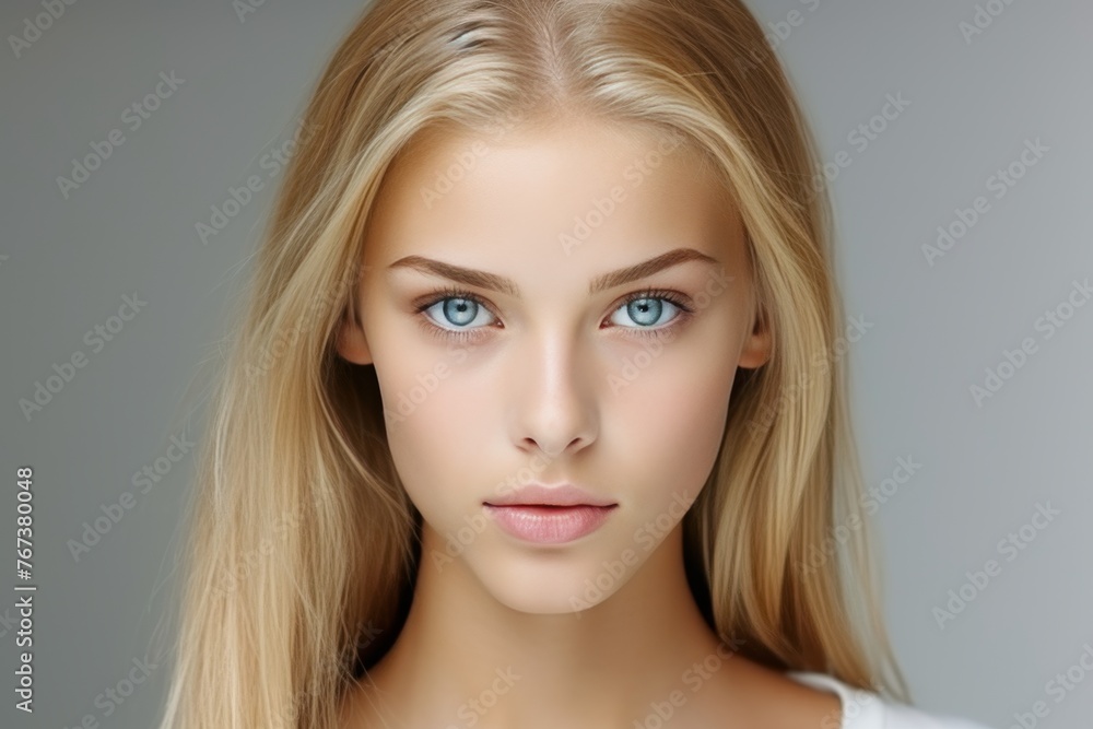 Young woman with shiny blonde hair and mesmerizing blue eyes against a dreamy gray background Young woman with shiny blonde hair and mesmerizing blue eyes against a dreamy gray background