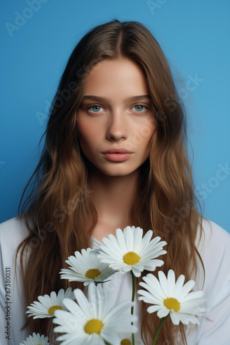 Natural Beauty: Young Woman with Daisies Against a Blue Background
