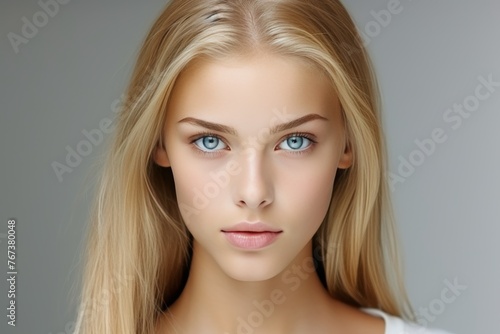 Young woman with shiny blonde hair and mesmerizing blue eyes against a dreamy gray background