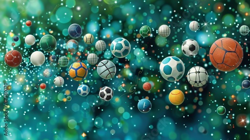 abstract background with icons of soccer balls and cyber space holograms. Concept: dedicated to summer sports and competitions and games of football and tennis. Copy space banner