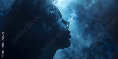 Illuminated by a Vape Light: Silhouette of a Woman's Face in Smoke. Concept Portrait Photography, Vape Art, Silhouette, Dramatic Lighting, Creative Concept