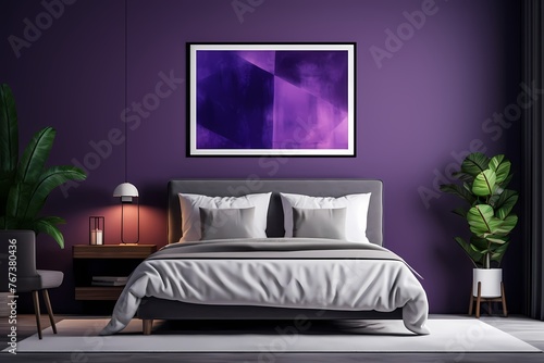 A contemporary bedroom with a dark bed  highlighting an empty mockup frame on a vibrant purple wall. 8k 