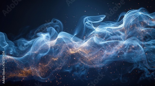 Blue and orange glowing particles form an abstract wave pattern on a black background.