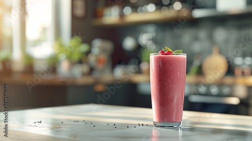 Smoothie from fresh tropical fruits on the background of a blurred kitchen