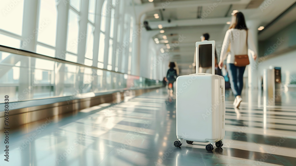 Blank plain White luggage suitcase bag mock up isolated in airport hallway, travel and adventure concept, template, copy space area, background Blank plain White luggage suitcase bag mock up isolated in airport hallway, travel and adventure concept, template, copy space area, background