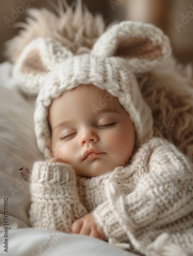 A child in a white knitted hat with rabbit ears and a sweater sleeps on the bed.