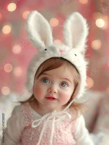A baby girl wearing a white bunny hat is staring at the camera. She has blue eyes and her mouth is slightly open. The background is a pink wall with lights.