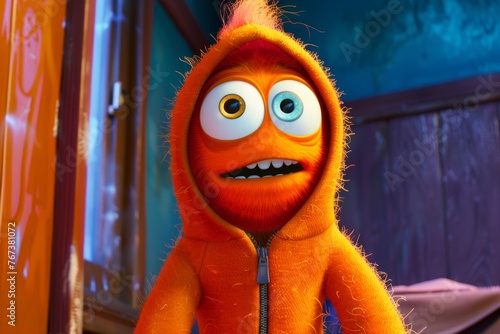 A surprised Orange monster in a hoodie with big eyes. 3d illustration