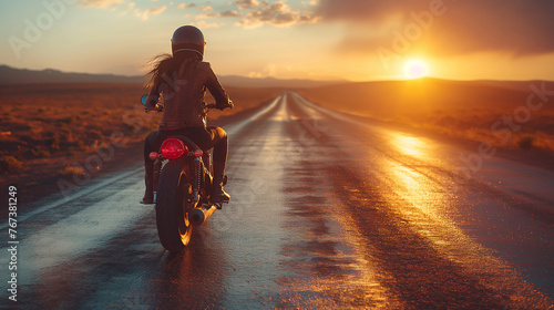 On a remote desert highway, a lone biker races towards the horizon, the setting sun casting long shadows across the barren landscape. With nothing but the open road ahead and the p