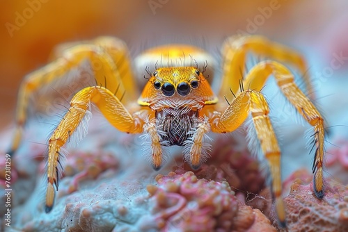 Close-up of a Yellow Jumping Spider Perched on a Gray Rock with a Rough Texture
