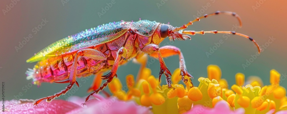Vibrant Multicolored Dewdrop Beetle Resting on a Beautiful Pink Flower in a Garden