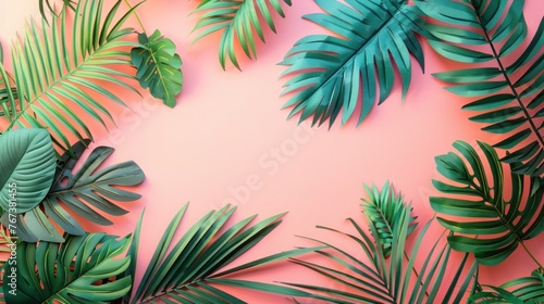 Summer Vibes  Top View of Tropical Palm Leaves on Pink Paper Background