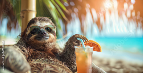 Chill Vacation Vibes: A Relaxed Sloth Enjoying a Tropical Drink Under the Palm Trees