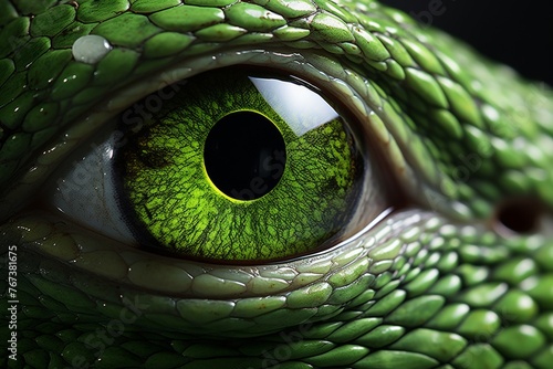 Close-up of a vibrant green snake. captivating intricate details and mesmerizing gaze photo