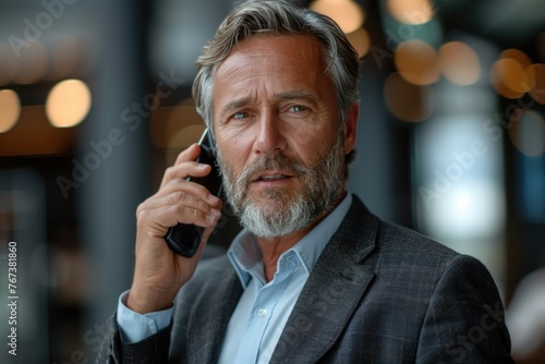 Professional bearded businessman in elegant suit having a conversation on a smartphone