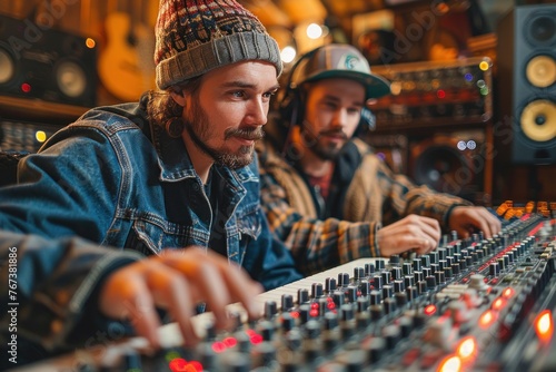 Two sound engineers working at a mixing console in a recording studio.
