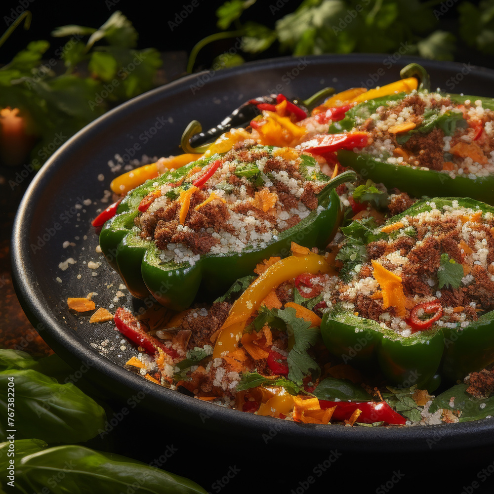 Delicious stuffed peppers with minced meat, cheese, and vegetables on black plate