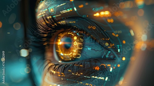 Close-up of a digital eye with futuristic UI overlays, reflecting a high-tech cyber world