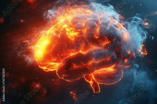 burning human brain on fire with flames and smoke on dark background