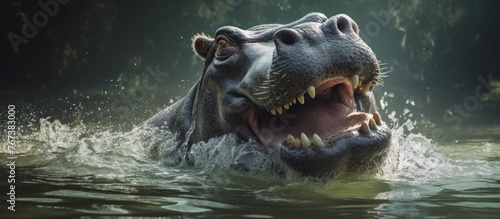 A carnivorous hippopotamus with fangs and a powerful snout is swimming in the liquid of a natural landscape, roaring as it moves through the water of a lake © AkuAku