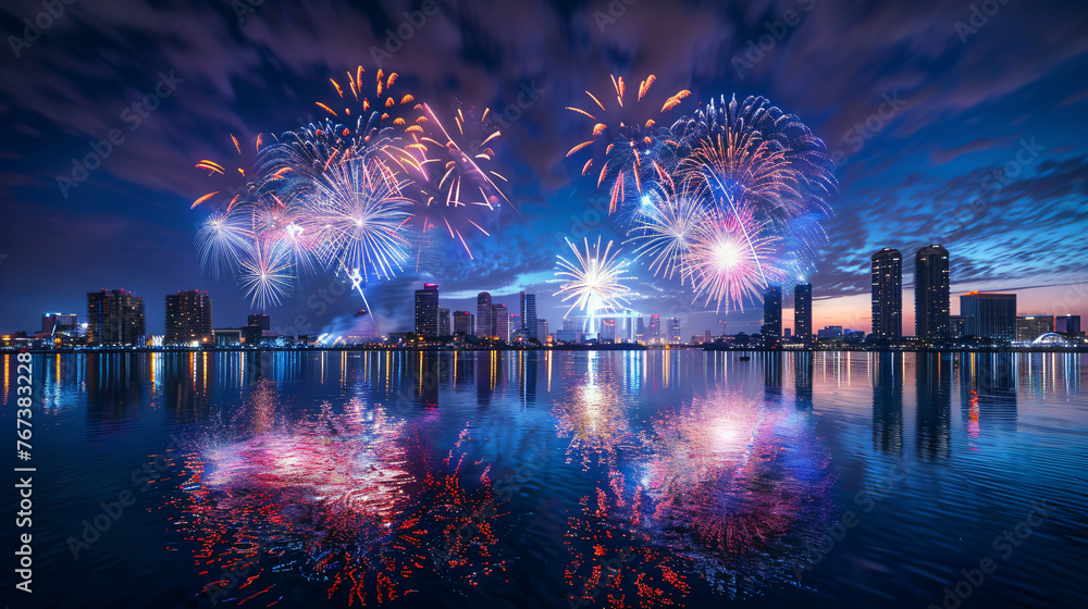 A spectacular 4th of July fireworks show over a city skyline reflecting on the water. - obrazy, fototapety, plakaty 