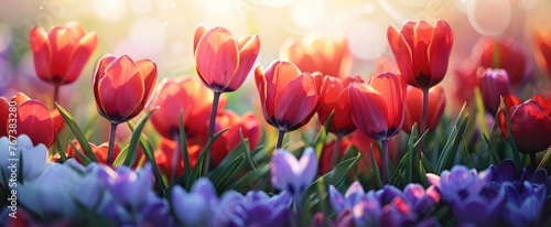 Bright Red Tulips and Delicate Purple Crocuses Emerging in Spring