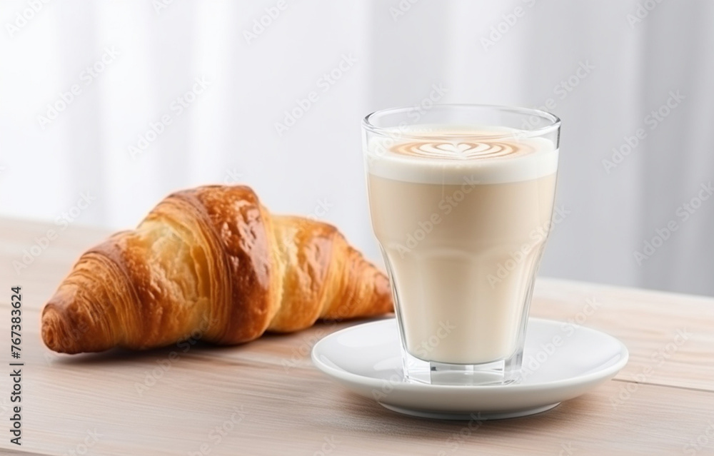 one glass mug of black coffee and croissant on white plate on wh one glass mug of black coffee and croissant on white plate on wh