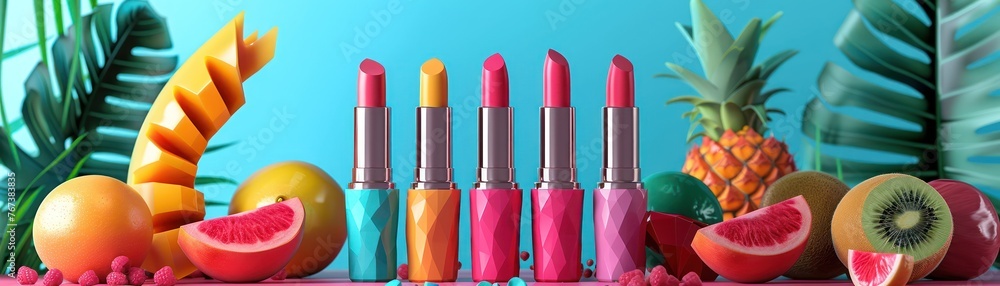 Medium shot of 3D-rendered lipsticks each representing a color of tropical fruits Medium shot of 3D-rendered lipsticks each representing a color of tropical fruits