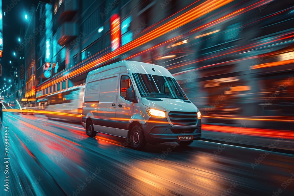  Long exposure of a delivery van speeding through city streets at night