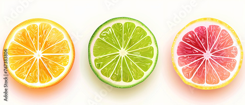 Isolated vibrant slices of orange, lime, and grapefruit on a white background, bursting with freshness.