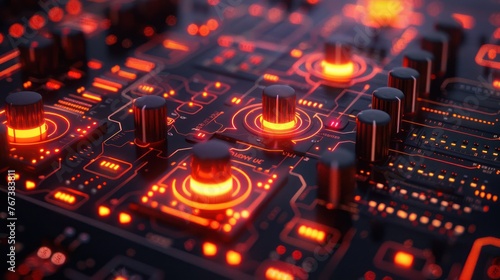  Medium shot of a 3D-rendered audio interface with glowing neon connections