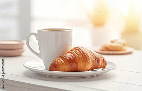 one glass mug of black coffee and croissant on white plate on wh
