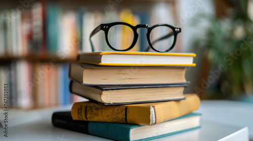 A stack of hardcover books with reading glasses on top on a white table.