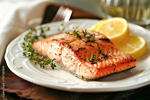 Grilled salmon fillets with lemon and thyme on a white plate.