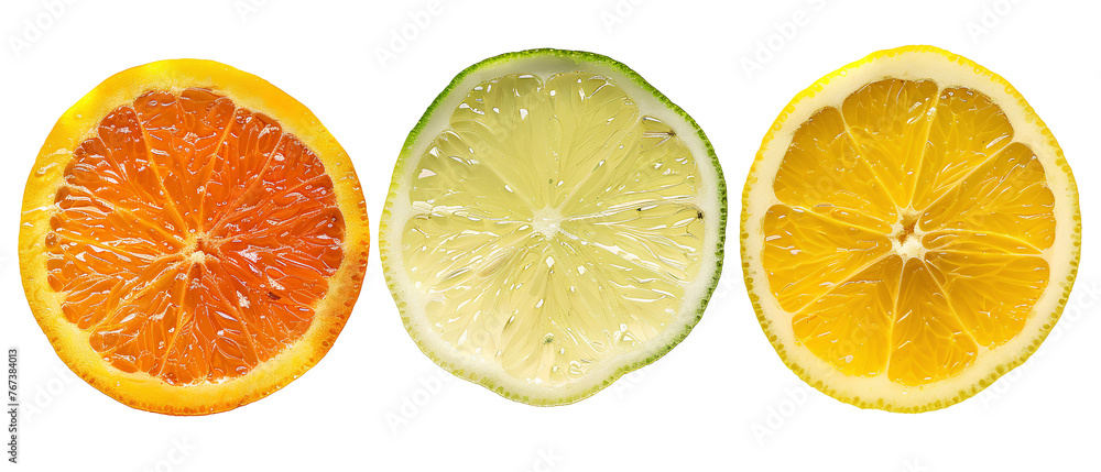 Isolated vibrant slices of orange, lime, and grapefruit on a white background, bursting with freshness.